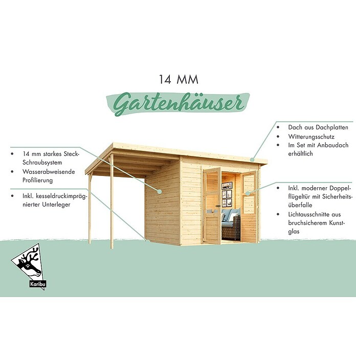 Karibu Gartenhaus Timmo (Außenmaß inkl. Dachüberstand (B x T): 329 x 142 cm, Holz, Natur, Mit Anbau) | BAUHAUS