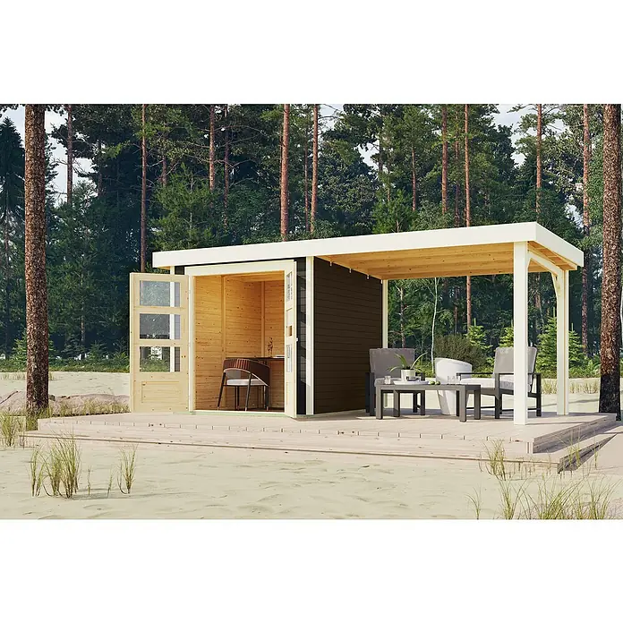 Karibu Gartenhaus Express 3 - Außenmaß inkl. Dachüberstand (B x T): 467 x 238 cm, Holz, Terragrau, Mit Anbau - Hölzerne Gartenbüro-Hütte, dunkelbraun außen, helles Holz innen, überdachte Veranda mit Sitzgelegenheiten. Steht auf Sandboden am Waldrand.