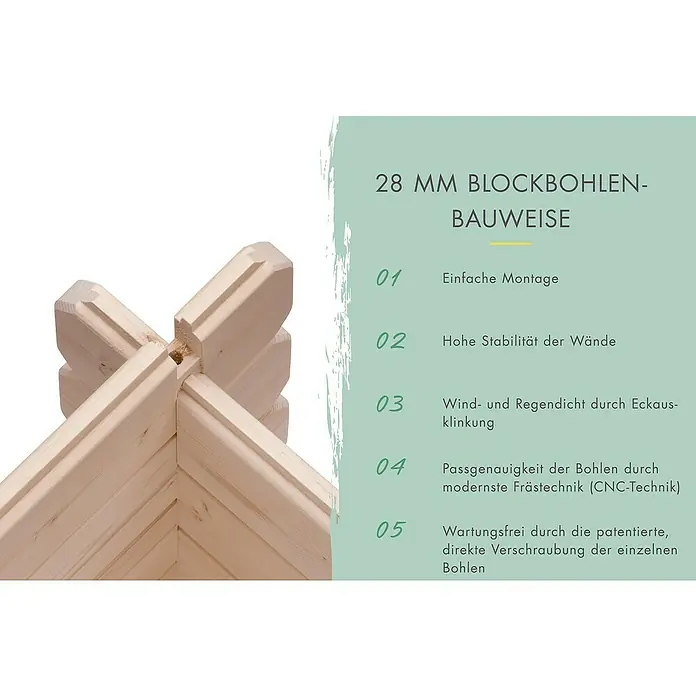 Karibu Gartenhaus Malta - Außenmaß inkl. Dachüberstand (B x T): 614 x 333 cm, Holz, Natur, Mit Seitendach - Verzahnte Eckverbindung aus hellen Holzbohlen, die die Blockbohlenbauweise zeigt.