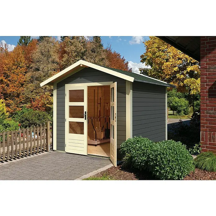 Karibu Gartenhaus Berlo 2 - Außenmaß inkl. Dachüberstand (B x T): 270 x 274 cm, Holz, Terragrau - Dunkelgraues Holzgartenhaus mit hellem Holzrahmen und grünem Dach, Türen offen zeigen Gartengeräte, in einem herbstlichen Garten.