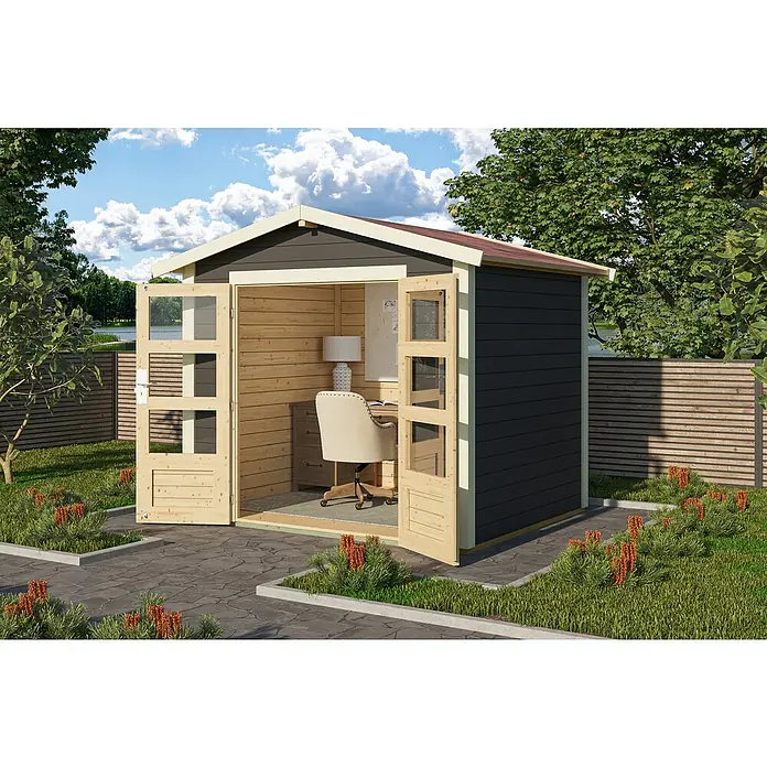 Karibu Gartenhaus Berlo 1 - Außenmaß inkl. Dachüberstand (B x T): 270 x 234 cm, Holz, Terragrau - Dunkelgraues Gartenbüro mit Naturholzinterieur, offenen Türen und Schreibtisch, in einem Garten gelegen.