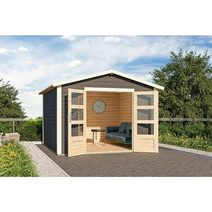 Karibu Gartenhaus Berlo 4 - Außenmaß inkl. Dachüberstand (B x T): 330 x 330 cm, Holz, Terragrau - Dunkelgraues Gartenhaus mit Naturholz-Interieur, offenen Türen und gemütlichem Sofa mit Tisch.