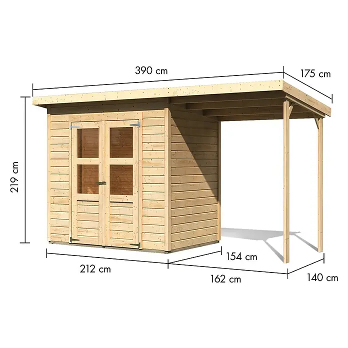 Karibu Gartenhaus Timmo - Außenmaß inkl. Dachüberstand (B x T): 390 x 175 cm, Holz, Natur, Mit Anbau - Helles Gartenhaus aus Holz mit integriertem Carport. Gesamtlänge 390 cm, Höhe 219 cm.
