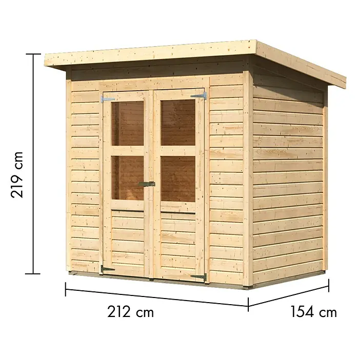 Karibu Gartenhaus Timmo - Außenmaß inkl. Dachüberstand (B x T): 240 x 175 cm, Holz, Natur, Ohne Anbau - Heller Holz-Gartenschuppen mit Doppeltüren und Maßen: 219 cm hoch, 212 cm breit, 154 cm tief.