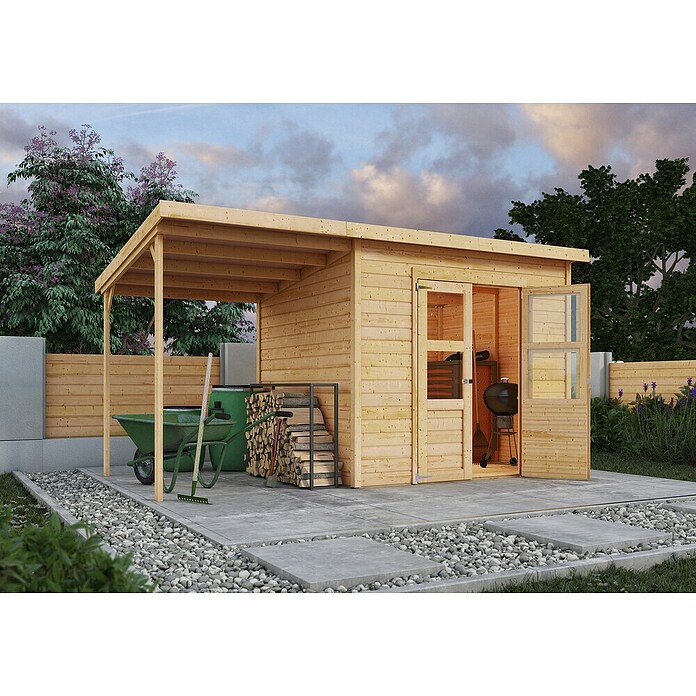 Karibu Gartenhaus Timmo (Außenmaß inkl. Dachüberstand (B x T): 390 x 236 cm, Holz, Natur, Mit Anbau) | BAUHAUS