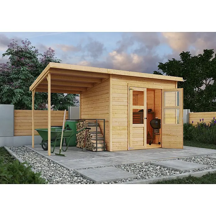 Karibu Gartenhaus Timmo - Außenmaß inkl. Dachüberstand (B x T): 390 x 236 cm, Holz, Natur, Mit Anbau - Gartenhaus aus Holz mit angebautem Carport, bietet Stauraum und Unterstand im Garten.