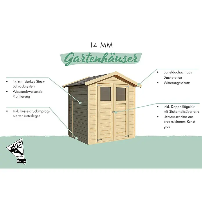 Karibu Gartenhaus Easy - Außenmaß inkl. Dachüberstand (B x T): 207 x 178 cm, Holz, Natur - 14 mm Holz-Gartenhaus mit Satteldach, Doppeltür mit Sicherheitsüberfalle und bruchsicheren Fenstern.