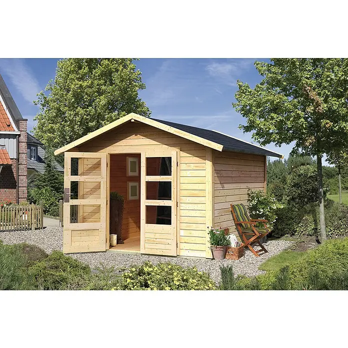Karibu Gartenhaus Berlo 4 - Außenmaß inkl. Dachüberstand (B x T): 330 x 330 cm, Holz, Natur - Helles Gartenhaus aus Holz mit offenen Doppeltüren, das einen Blick ins Innere und die umgebende Grünanlage im Garten zeigt.