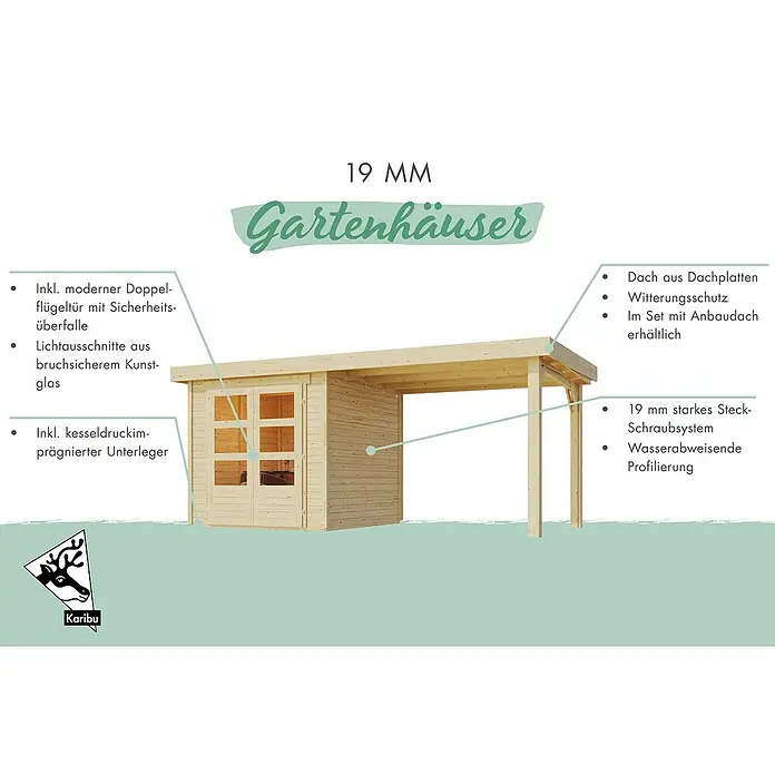 Karibu Gartenhaus Express 3 - Außenmaß inkl. Dachüberstand (B x T): 242 x 238 cm, Holz, Naturbelassen, Ohne Anbau - Ein Gartenhaus aus naturbelassenem Holz (19 mm) mit Doppeltür, bruchsicheren Fenstern und einem Anbaudach.