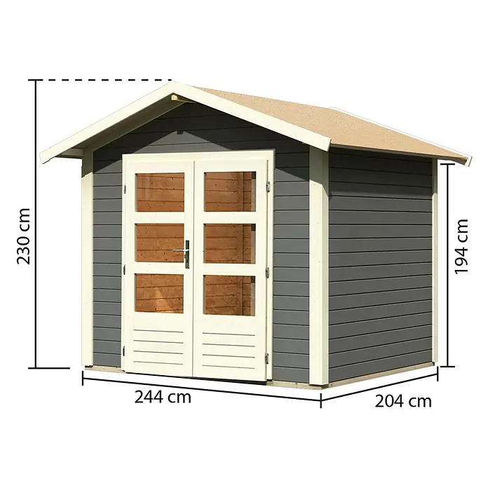 Karibu Gartenhaus Berlo 1 - Außenmaß inkl. Dachüberstand (B x T): 270 x 234 cm, Holz, Terragrau - Dunkelgraues Holzgartenhaus mit cremefarbenen Türen. Maße: H 230/194 cm, B 244 cm, T 204 cm.