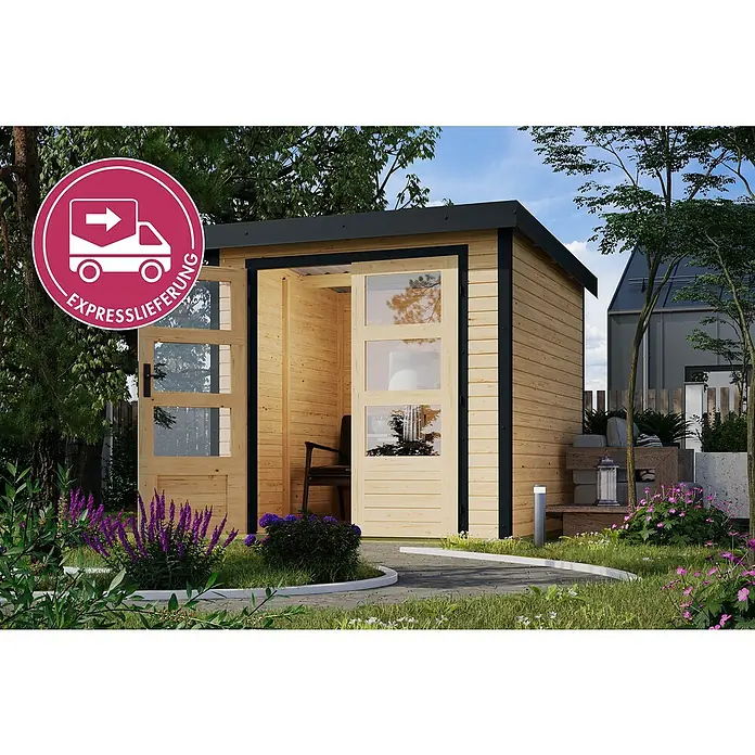 Karibu Gerätehaus Locknell Express - Außenmaß inkl. Dachüberstand (B x T): 228,5 x 235 cm, Holz, Naturbelassen/Anthrazit - Holzhütte mit schwarzem Dach und Doppeltüren aus Glas, in einem grünen Garten.
