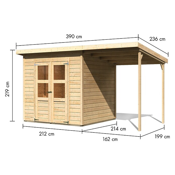 Karibu Gartenhaus Timmo (Außenmaß inkl. Dachüberstand (B x T): 390 x 236 cm, Holz, Natur, Mit Anbau) | BAUHAUS