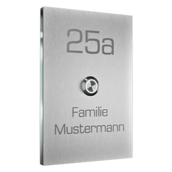 Heidemann Klingeltaster Designline Platte L mit Personalisierung - Konfigurierbar (Anthrazit, Grau), 160 x 110 x 2 mm - Gebürstetes Edelstahl-Türklingelschild mit Gravur „25a“, rundem Klingelknopf und „Familie Mustermann“.