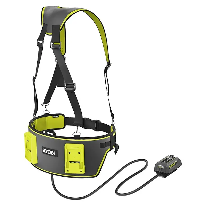 Ryobi Max Power Gürtel RY36BB2PA - Passend für: Zwei 36 V Akkus - Ryobi graues und lindgrünes Akku-Tragesystem mit zwei Akkuhaltern und angeschlossenem Max Power Akku.