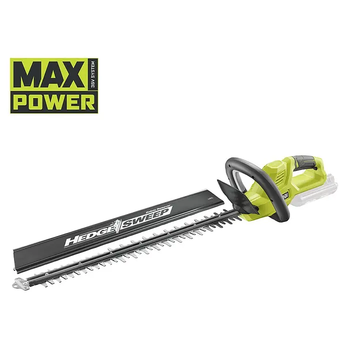 Ryobi Max Power Akku-Heckenschere RY36HT60A - 36 V, Li-Ionen, Ohne Akku, Schnittlänge: 60 cm - Grüne und schwarze Akku-Heckenschere mit 36V-System und HEDGE SWEEP Laubsammler.