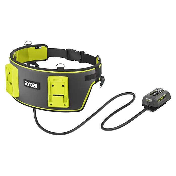 Ryobi Max Power Gürtel RY36BB2PA - Passend für: Zwei 36 V Akkus - Grauer und gelber Ryobi Akkugürtel mit Akkuaufnahmen und externem MAX POWER Akkupack, verbunden durch ein schwarzes Kabel.