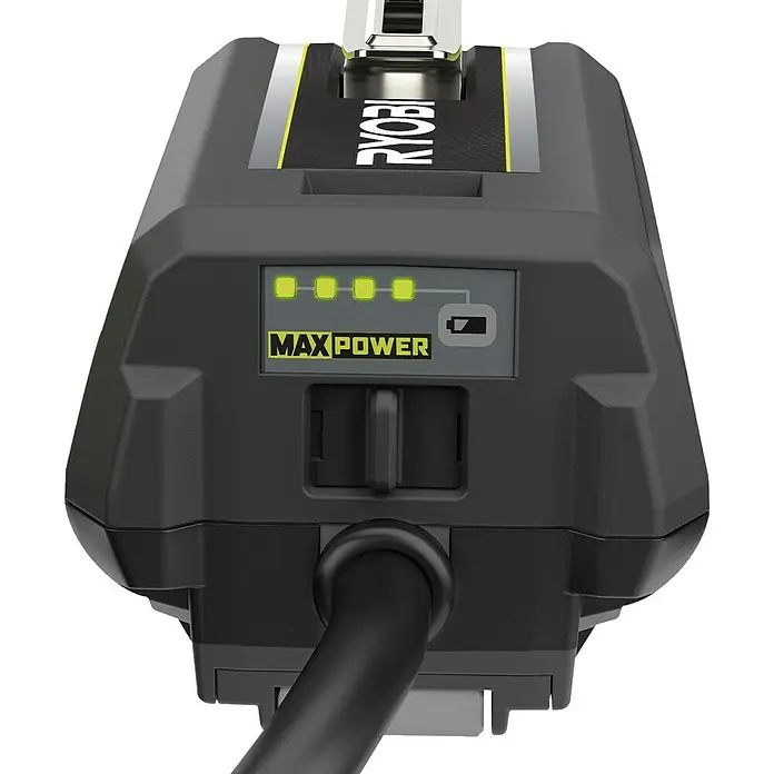 Ryobi Max Power Gürtel RY36BB2PA - Passend für: Zwei 36 V Akkus - Dunkelgraues MAX POWER RYOBI Akku-Pack mit vier grünen Anzeigeleuchten und dickem schwarzem Kabel.