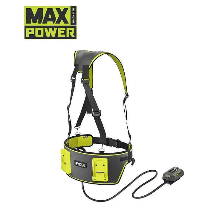 Ryobi Max Power Gürtel RY36BB2PA - Passend für: Zwei 36 V Akkus - Grau-grünes Ryobi Max Power 36V Akku-Gurtzeug mit Schultergurten, Hüftgurt, zwei Akku-Anschlüssen und angeschlossenem Akku-Pack.