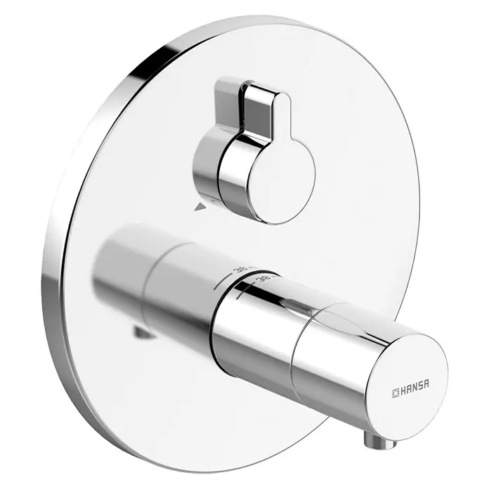 Hansa Living UP-Brausethermostat - Rund, Chrom, Glänzend, Umsteller, Durchflussmenge: 20 l/min - Nahaufnahme eines glänzenden, runden Hansa Duschthermostats mit zwei Bedienelementen und Temperaturanzeige.