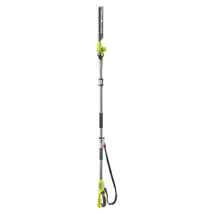 Ryobi ONE+ Teleskop-Heckenschere RY18PHT40A-0 - 18 V, Li-Ionen, Anzahl Akkus: Ohne Akku, Schnittlänge: 40 cm - RYOBI Teleskop-Heckenschere in Limettengrün, Grau und Schwarz, mit Schultergurt für große Reichweite.