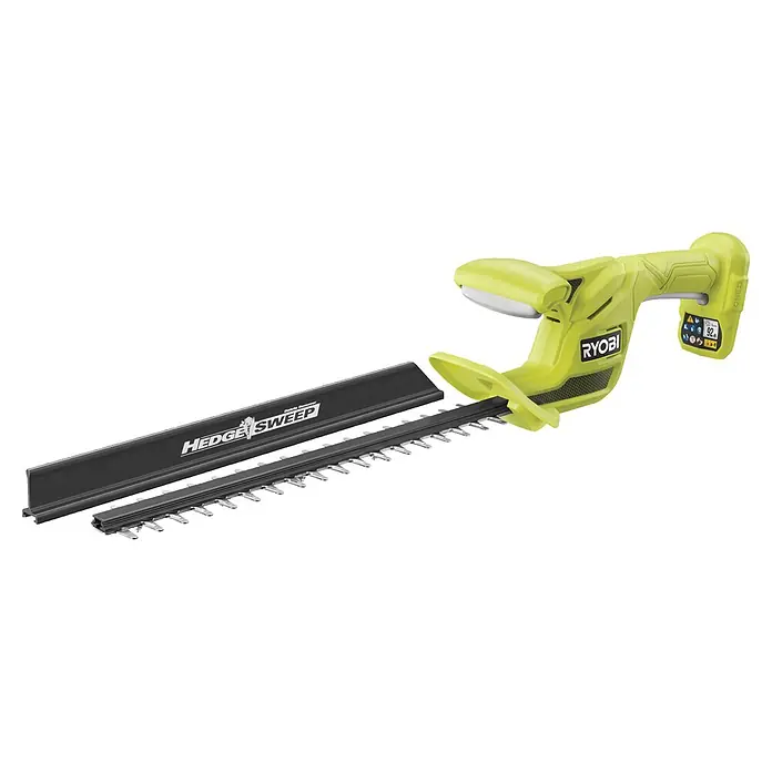Ryobi ONE+ Akku-Heckenschere RY18HT40B-0 - Li-Ionen, Ohne Akku, Schnittlänge: 40 cm - Grün-schwarze Ryobi Heckenschere mit abnehmbarem 'HEDGE SWEEP' Schnittgutentferner.