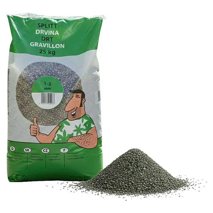 Splitt - Körnung: 1 mm - 3 mm - 25 kg Sack mit 1-3 mm grau-grünem Splitt und einem Haufen Splitt daneben.
