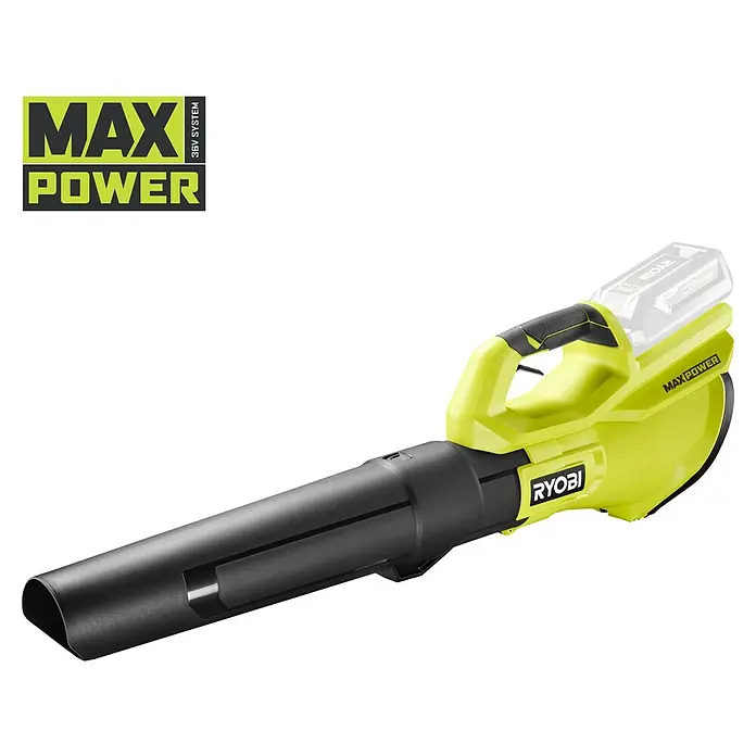 Ryobi Max Power Akku-Gebläse RY36BLB - 36 V, Ohne Akku, Blasgeschwindigkeit: 193 km/h - Grünes und schwarzes Ryobi MAX POWER 36V Akku-Laubbläser mit Akku und ergonomischem Griff.