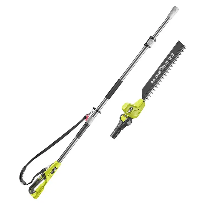 Ryobi ONE+ Teleskop-Heckenschere RY18PHT40A-0 - 18 V, Li-Ionen, Anzahl Akkus: Ohne Akku, Schnittlänge: 40 cm - Modulare Stab-Heckenschere in Limettengrün und Grau, mit langem Griff und separatem Klingenaufsatz für hohe Hecken.