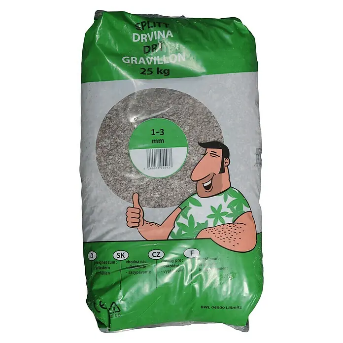 Splitt - Körnung: 1 mm - 3 mm - Grüner 25kg Sack mit 1-3mm Splitt/Kies für Pflasterarbeiten und zum Verfüllen.