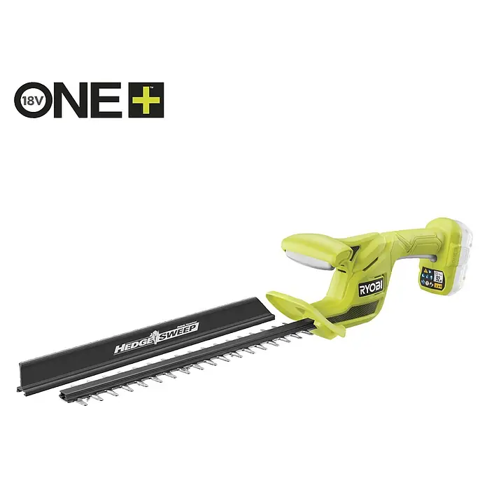 Ryobi ONE+ Akku-Heckenschere RY18HT40B-0 - Li-Ionen, Ohne Akku, Schnittlänge: 40 cm - Limettengrüner Ryobi 18V ONE+ Heckenschere mit schwarzem HEDGE SWEEP Laubsammler.