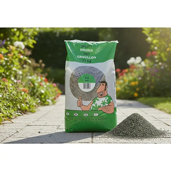 Splitt - Körnung: 1 mm - 3 mm - Ein 25 kg Sack grauer Kies (1-3mm) neben einem Kieshaufen auf einem gepflasterten Gartenweg, mit Pflanzen im Hintergrund.