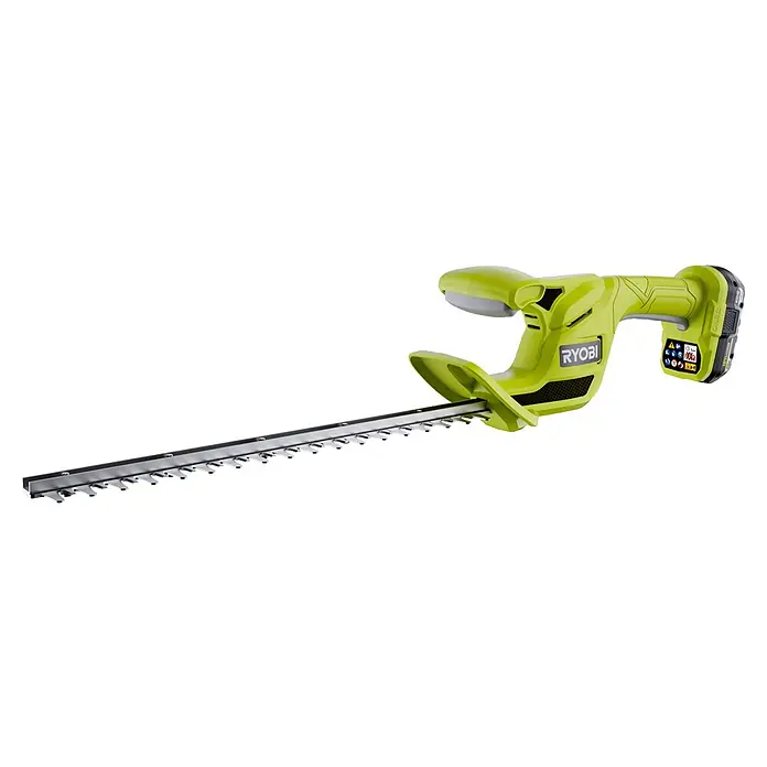 Ryobi ONE+ Akku-Heckenschere RY18HT40B-0 - Li-Ionen, Ohne Akku, Schnittlänge: 40 cm - Kabellose Ryobi Heckenschere in Limettengrün mit schwarzen Akzenten, silberner Klinge und Akku.