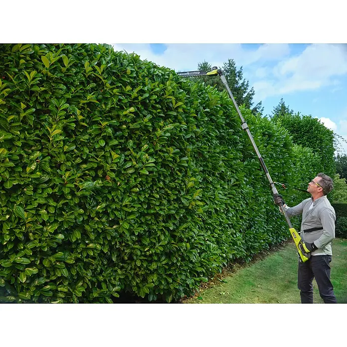 Ryobi ONE+ Teleskop-Heckenschere RY18PHTX45A - 18 V, Li-Ionen, Anzahl Akkus: Ohne Akku - Mann trimmt eine hohe Hecke mit einem gelb-schwarzen Teleskop-Heckenschneider.