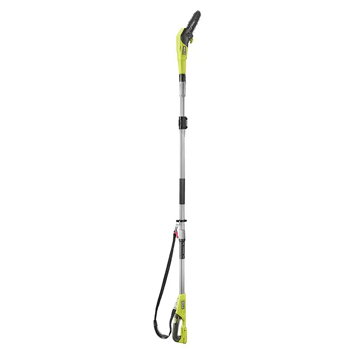 Ryobi ONE+ Akku-Hochentaster RY18PP20A-0 - Ohne Akku, Schwertlänge: 20 cm, Länge Stiel: 2,9 m - Hellgrüne und schwarze Elektro-Hochentaster mit langem silbernen Verlängerungsstiel und schwarzem Schultergurt.