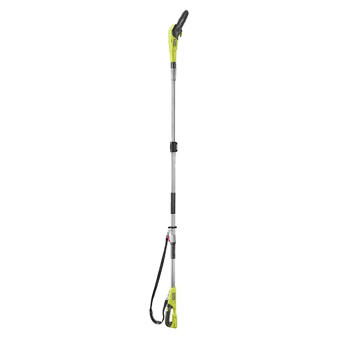 Ryobi ONE+ Akku-Hochentaster RY18PP20A-0 - Ohne Akku, Schwertlänge: 20 cm, Länge Stiel: 2,9 m - Limettengrüne und schwarze Ryobi Teleskop-Astsäge mit silberner Stange und schwarzem Schultergurt zum Beschneiden hoher Äste.