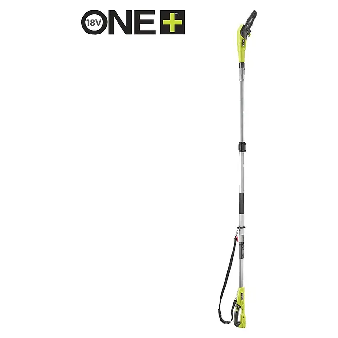 Ryobi ONE+ Akku-Hochentaster RY18PP20A-0 - Ohne Akku, Schwertlänge: 20 cm, Länge Stiel: 2,9 m - Gelb-graue Ryobi ONE+ 18V Akku-Teleskop-Kettensäge mit Kettensägekopf und Schultergurt.