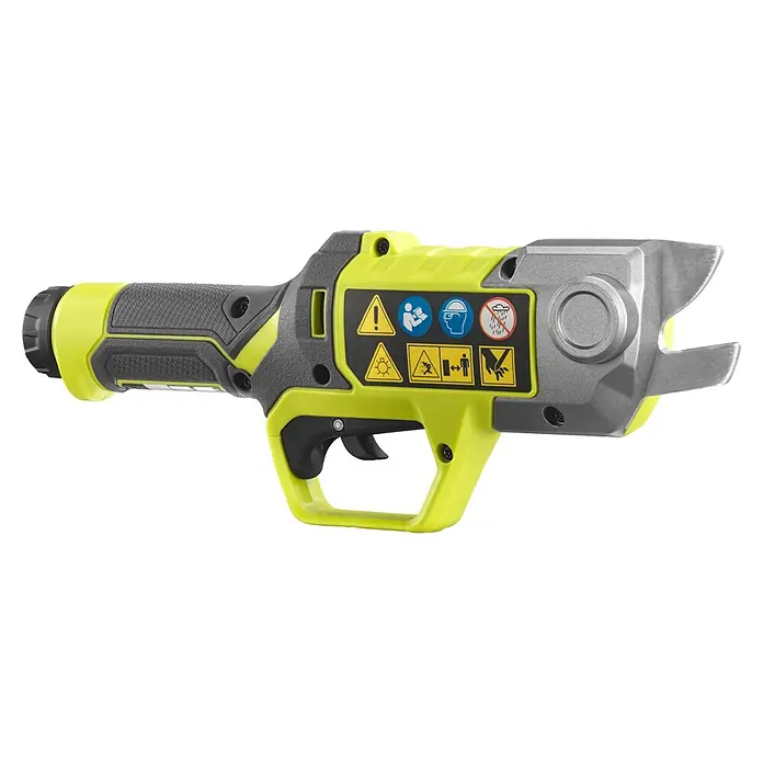 Ryobi Akku-Astschere RY4SCA-120 - 4 V, 1 Akku, 2 Ah, Max. Aststärke: 13 mm - Eine gelb-graue elektrische Astschere mit Metallschneideklingen und strukturiertem Griff. Sicherheitsetiketten sind seitlich sichtbar.
