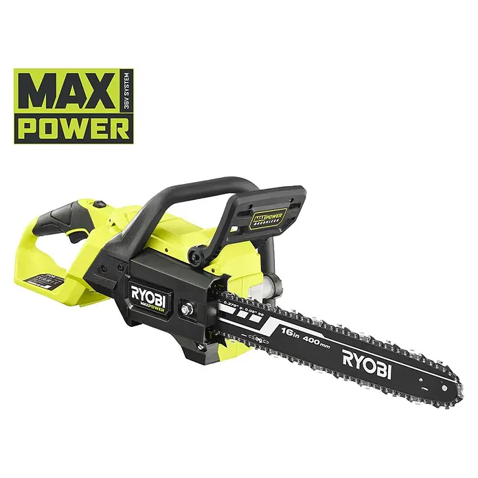Ryobi Max Power Akku-Kettensäge RY36CSX40C - 36 V, Li-Ionen, Ohne Akku, Schwertlänge: 40 cm - Gelbe und schwarze Ryobi Max Power 36V Akku-Kettensäge mit 16 Zoll (400mm) Schwert.