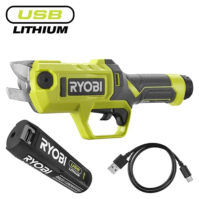 Ryobi Akku-Astschere RY4SCA-120 - 4 V, 1 Akku, 2 Ah, Max. Aststärke: 13 mm - Limegrüne und schwarze Ryobi Elektro-Gartenschere, schwarzer Ryobi USB Lithium Akku und schwarzes USB-C Ladekabel.