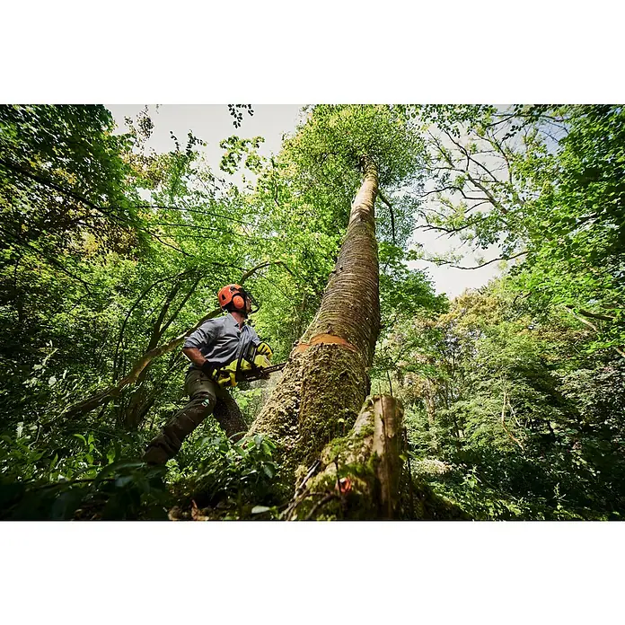 Ryobi Max Power Akku-Kettensäge RY36CSX40C - 36 V, Li-Ionen, Ohne Akku, Schwertlänge: 40 cm - Mann in Schutzausrüstung verwendet eine gelbe und schwarze Kettensäge, um einen großen Baumstamm im Wald zu schneiden.