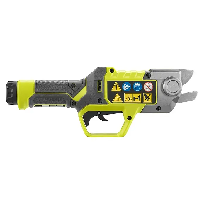 Ryobi Akku-Astschere RY4SCA-120 - 4 V, 1 Akku, 2 Ah, Max. Aststärke: 13 mm - Limettengrüne und dunkelgraue elektrische Astschere mit Sicherheitshinweisen und Metallklingen.
