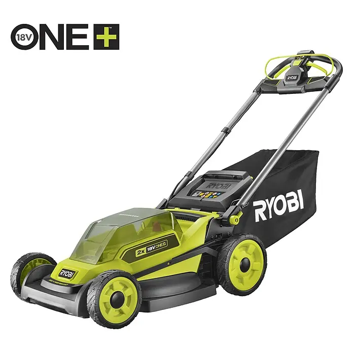 Ryobi ONE+ Akku-Rasenmäher RY18LMXSP51A - 18 V, Ohne Akku, Schnittbreite: 51 cm - Ein limettengrüner und schwarzer Ryobi ONE+ 18V Akku-Rasenmäher mit gelben Rädern und schwarzem Grasfangsack.