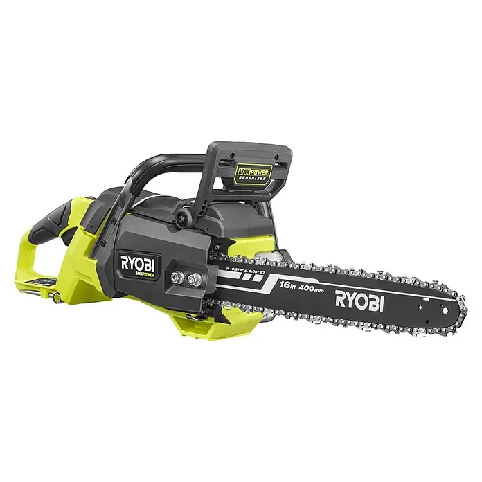 Ryobi Max Power Akku-Kettensäge Edge RY36CSX40D - 36 V, Ohne Akku, Schwertlänge: 40 cm - Eine grüne und schwarze Ryobi Max Power Brushless 16-Zoll Kettensäge mit sichtbarer Kette und Schwert.