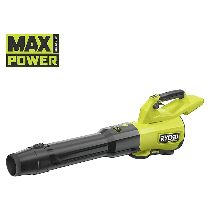 Ryobi Max Power Akku-Gebläse RY36BLXC - 36 V, Ohne Akku, Blasgeschwindigkeit: 289,7 km/h - Ryobi MAX POWER 36V System Akku-Laubbläser in leuchtendem Grün und Schwarz.