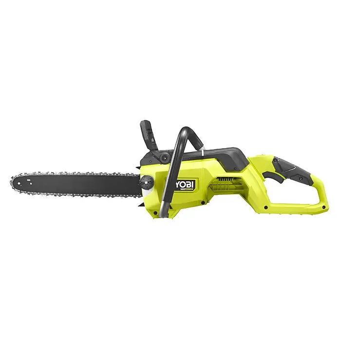 Ryobi Max Power Akku-Kettensäge Edge RY36CSX40D - 36 V, Ohne Akku, Schwertlänge: 40 cm - Hellgelbe und schwarze Ryobi-Elektrokettensäge mit Metallschiene und scharfer Kette.