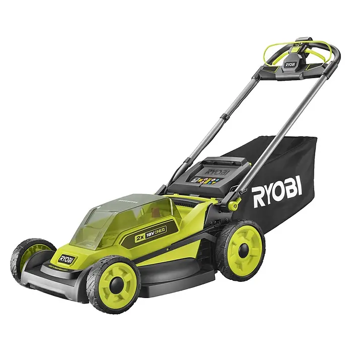 Ryobi ONE+ Akku-Rasenmäher RY18LMXSP51A - 18 V, Ohne Akku, Schnittbreite: 51 cm - Ryobi 2x18V ONE+ Akku-Rasenmäher mit schwarzem Fangkorb, grün-schwarzem Gehäuse und silbernem Griff.