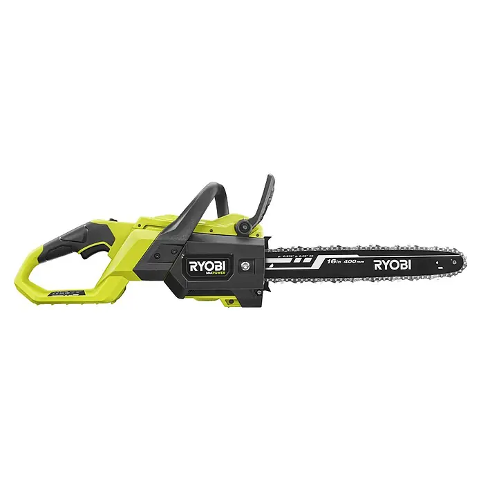 Ryobi Max Power Akku-Kettensäge RY36CSX40C - 36 V, Li-Ionen, Ohne Akku, Schwertlänge: 40 cm - Eine leuchtend grün-schwarze RYOBI MAXPOWER 16-Zoll (400mm) Akku-Kettensäge mit scharfer Schneidkette.