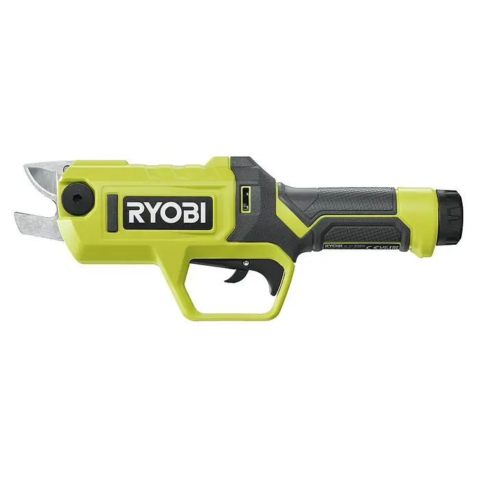 Ryobi Akku-Astschere RY4SCA-120 - 4 V, 1 Akku, 2 Ah, Max. Aststärke: 13 mm - Ryobi 4V Akku-Elektroschere mit lindgrünem Gehäuse, schwarzem Griff und Metallklingen.
