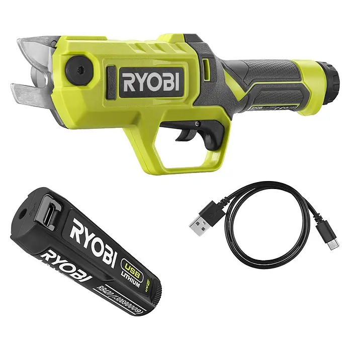 Ryobi Akku-Astschere RY4SCA-120 - 4 V, 1 Akku, 2 Ah, Max. Aststärke: 13 mm - Akku-Astschere Ryobi in Limettengrün und Schwarz, mit schwarzem USB-Lithium-Akku und USB-C-Ladekabel.