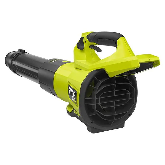 Ryobi Max Power Akku-Gebläse RY36BLXC - 36 V, Ohne Akku, Blasgeschwindigkeit: 289,7 km/h - Ein neongelber und schwarzer elektrischer Laubbläser für die effiziente Gartenreinigung.